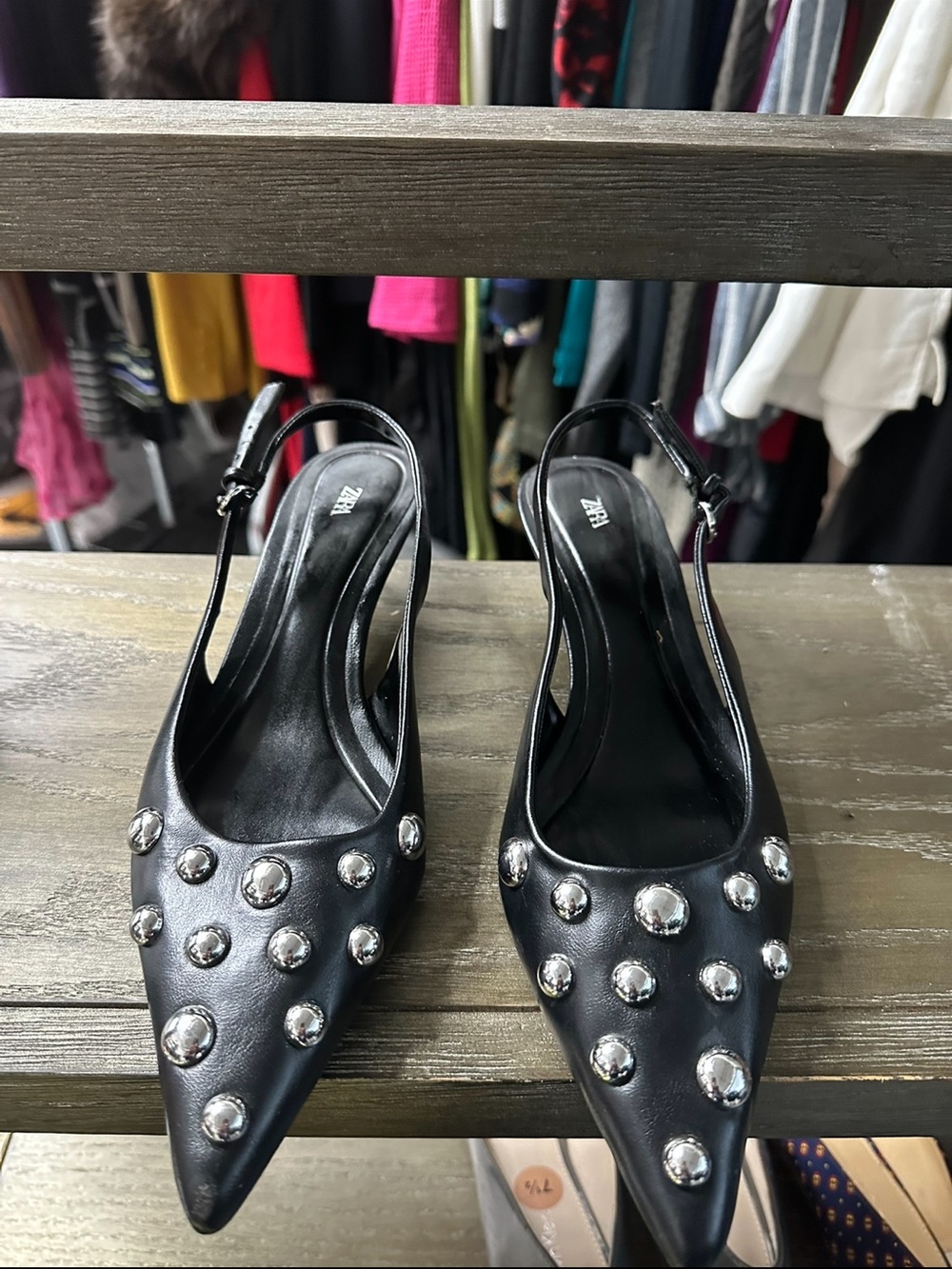 Zara Black Studded Leather Slingback Pointed-Toe Mules